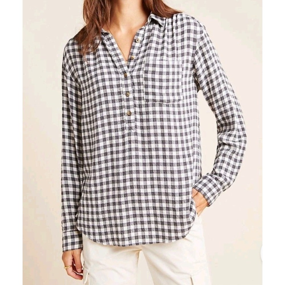 Anthropologie Isadora Button Back Tunic Black White Gingham Plaid Top XL